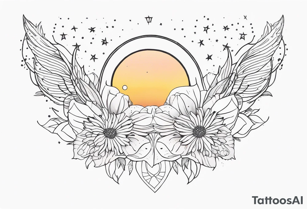fine line with sun, stars, floral, dots. Sternum tattoo tattoo idea