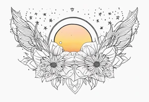 fine line with sun, stars, floral, dots. Sternum tattoo tattoo idea