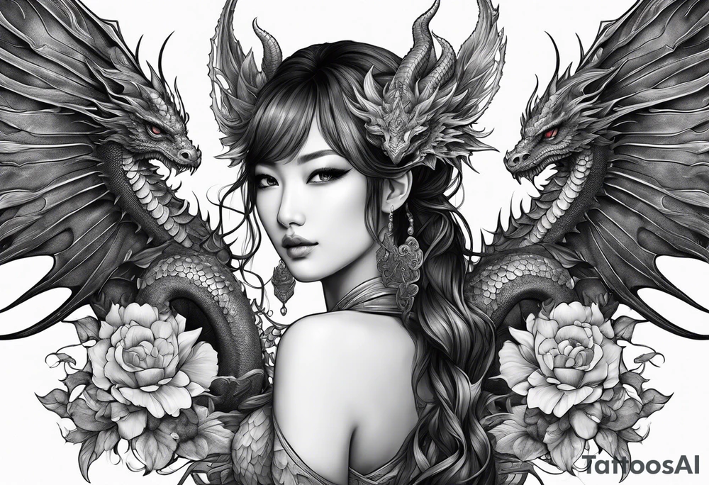 beautiful warrior nymph with dragon wings and a dragon friend tattoo idea