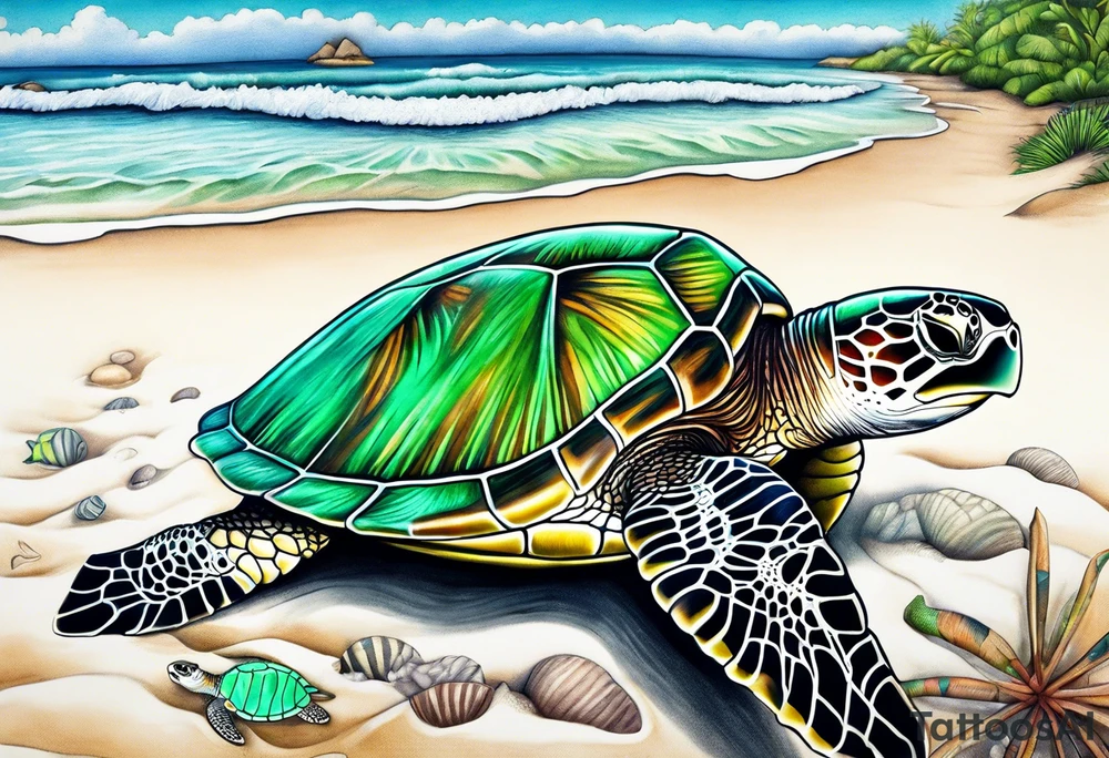 green sea turtle on beach tattoo idea
