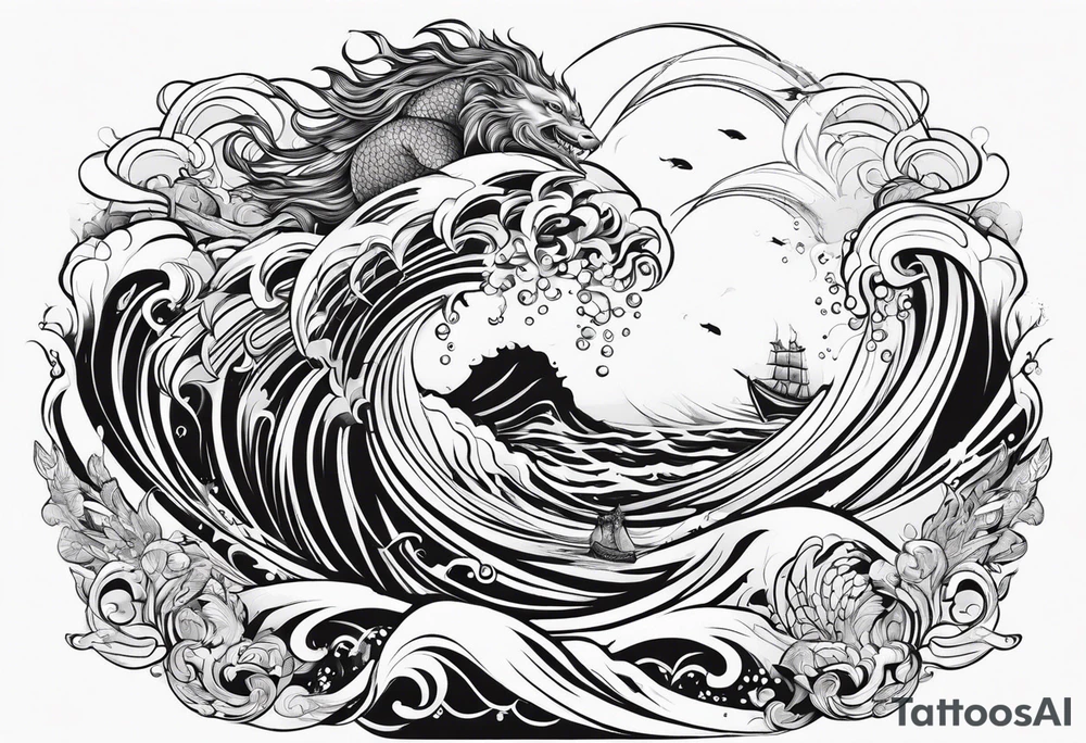 Poseidon with waves and fish tattoo idea