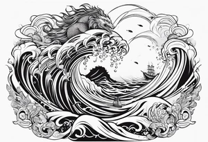 Poseidon with waves and fish tattoo idea