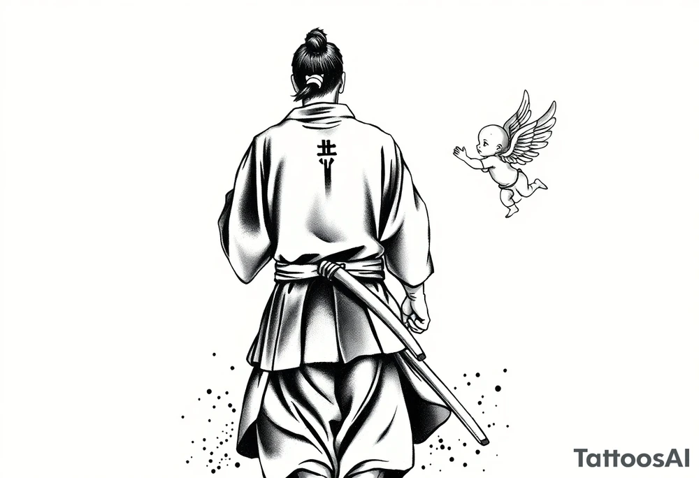 Blackwork tattoo illustration of a samurai walking forward, seen from behind. The samurai wears a traditional kimono and hakama, holding two long katanas in a relaxed but ready pose. To his right, a small child angel with detailed feathered wings floats in the air, gently reaching toward him with an outstretched hand. Strong contrast, dynamic ink splatters, sumi-e brush stroke effects, minimalist white background, dramatic lighting, emotional and symbolic composition, high-detail linework tattoo idea