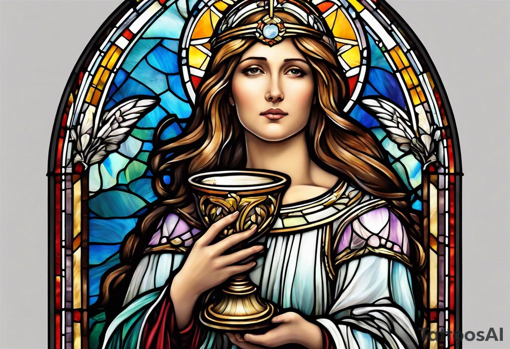 holy saint woman with halo stained glass holding a chalice tattoo idea