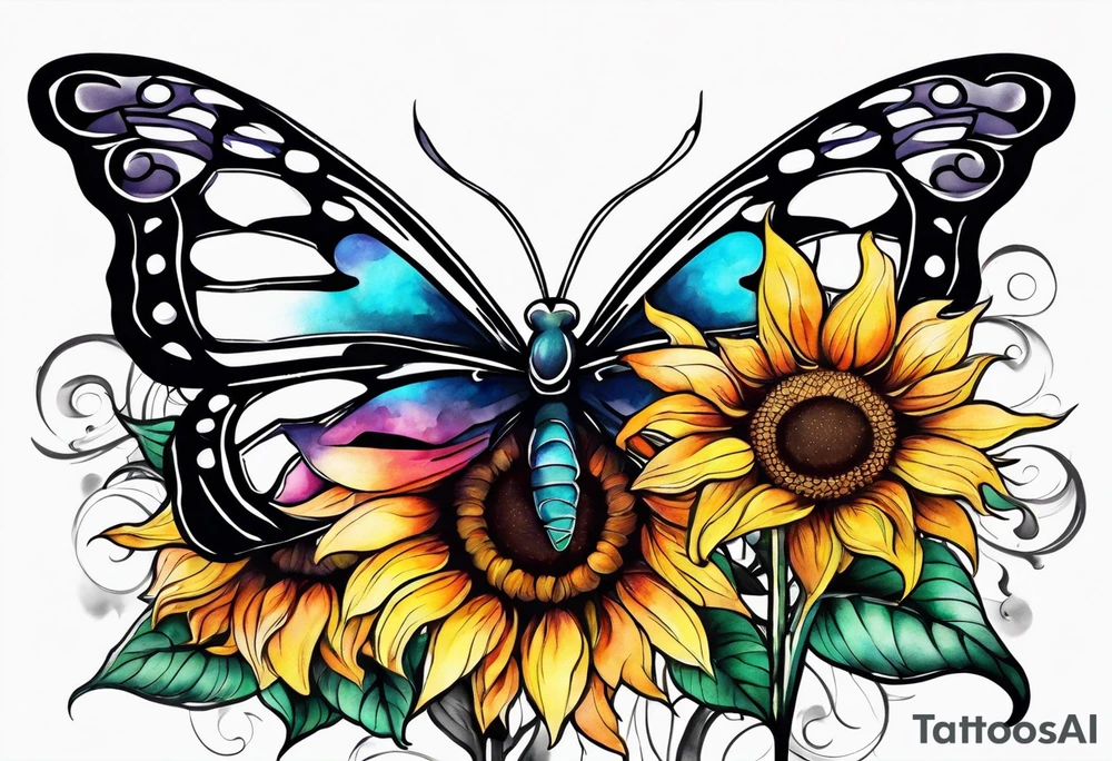 Multi color sunflowers with a butterfly and cross arm sleeve tattoo idea