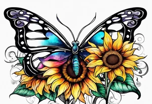 Multi color sunflowers with a butterfly and cross arm sleeve tattoo idea