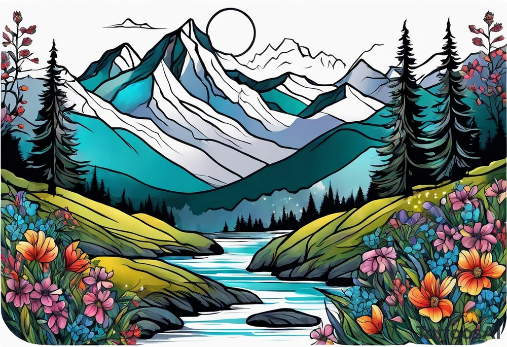 Mountains and trees with wildflowers tattoo idea