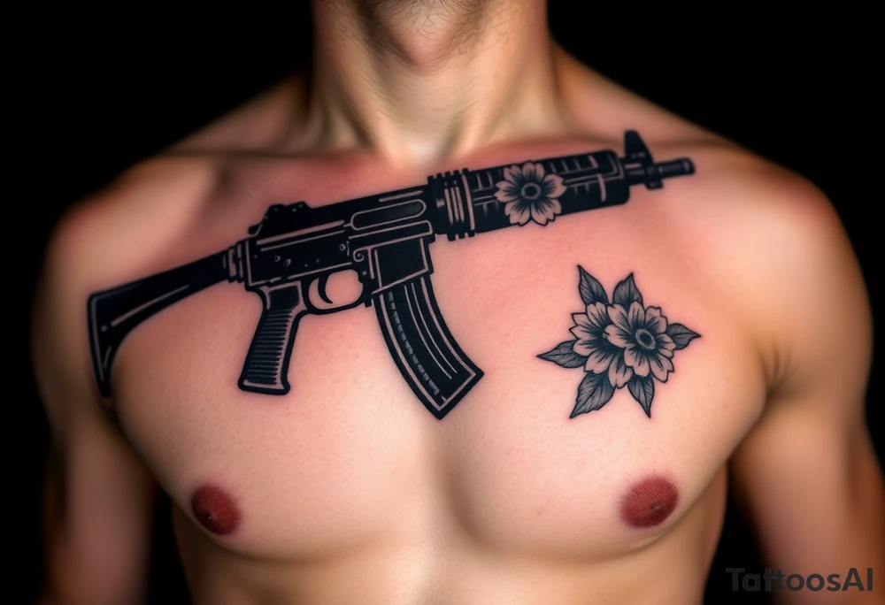 ak 47 black silhouette with floreal details tattoo idea