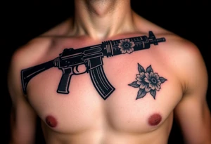 ak 47 black silhouette with floreal details tattoo idea
