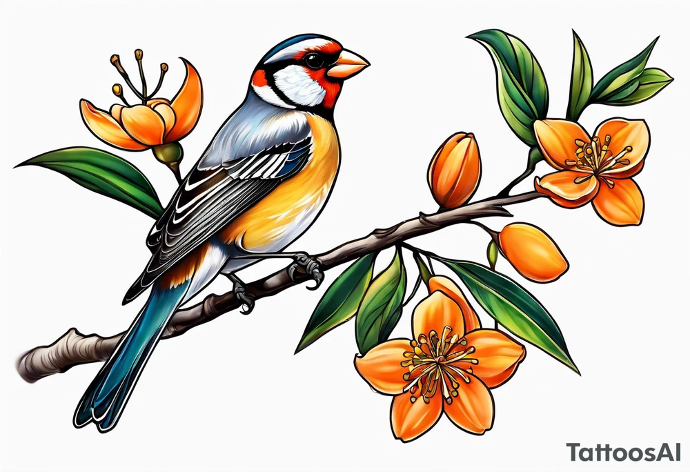 finch lifting off of branch with orange blossoms tattoo idea