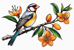 finch lifting off of branch with orange blossoms tattoo idea