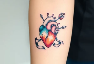 anatomical heart pierced by ornate arrow with flowing ribbons tattoo idea