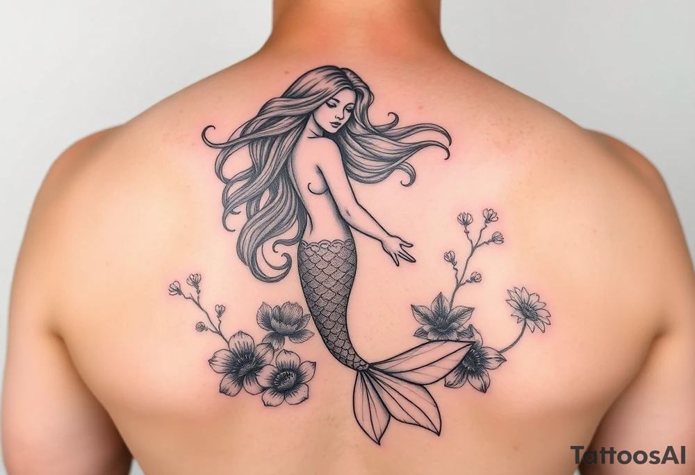 ethereal mermaid with flowing hair among coral and sea flowers tattoo idea