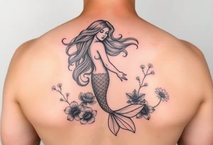 ethereal mermaid with flowing hair among coral and sea flowers tattoo idea