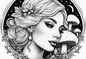 Chubby old blonde woman thin lips surrounded by mushrooms crescent moon mountains background tattoo idea