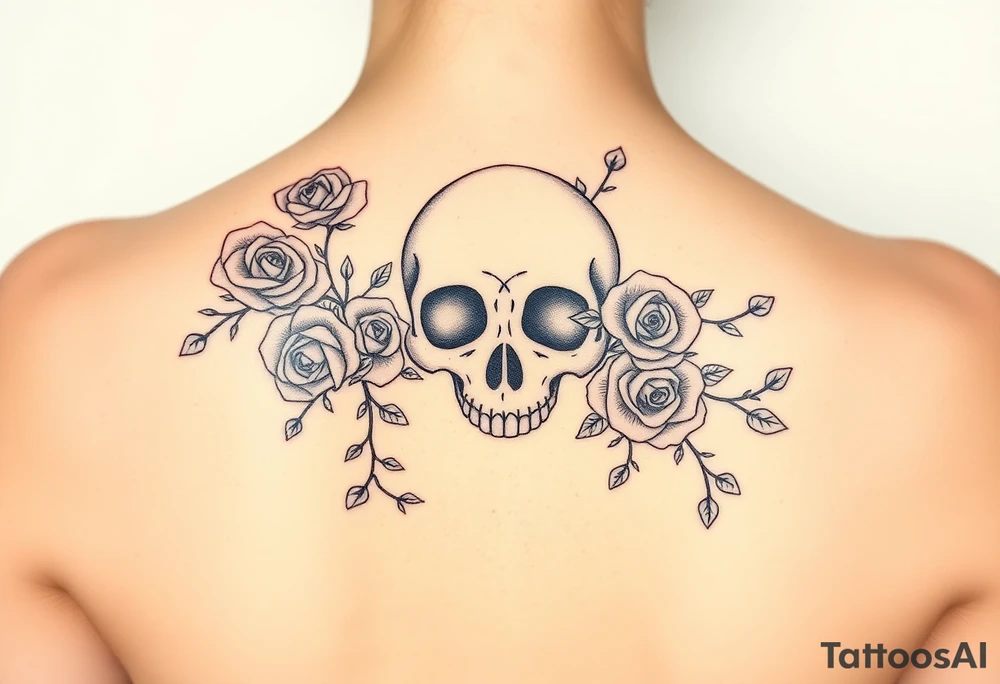 gothic skull intertwined with climbing roses and thorny vines tattoo idea