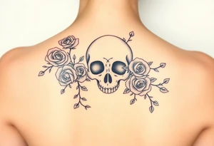 gothic skull intertwined with climbing roses and thorny vines tattoo idea
