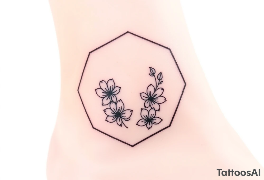 Faint Hexagon with Leo, larkspur and water lilies in the center tattoo idea