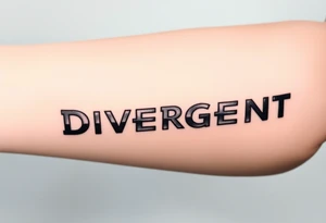 The word "Divergent" written in futuristic metallic font, with a glitch effect to symbolize breaking systems tattoo idea