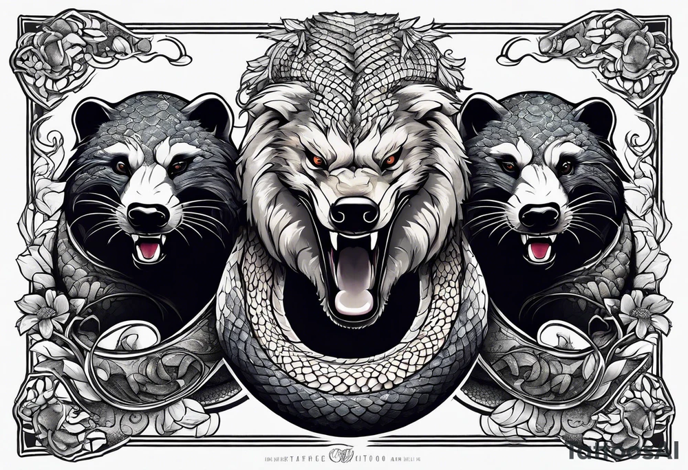 Three headed serpent and honey badger tattoo idea