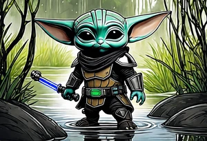 Baby Grogu wearing black mandalorian armor,  with a black lightsaber in a swamp tattoo idea