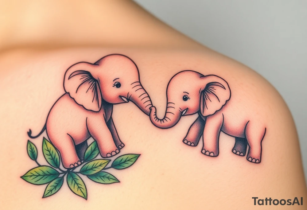 Two elephants while one is a baby elephant, the second is elephant mother. Baby elephant is holding its mother trunk, surrounded by soft green leaves and warm earth tones, symbolizing guidance and protection tattoo idea