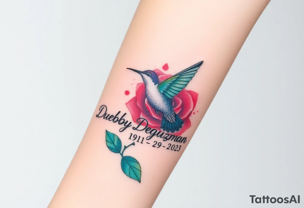 A tattoo on the forearm with the name Debby Deguzman with a humming bird and a rose 08-17-1961 to 05-29-2025 tattoo idea
