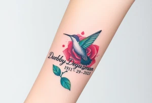 A tattoo on the forearm with the name Debby Deguzman with a humming bird and a rose 08-17-1961 to 05-29-2025 tattoo idea