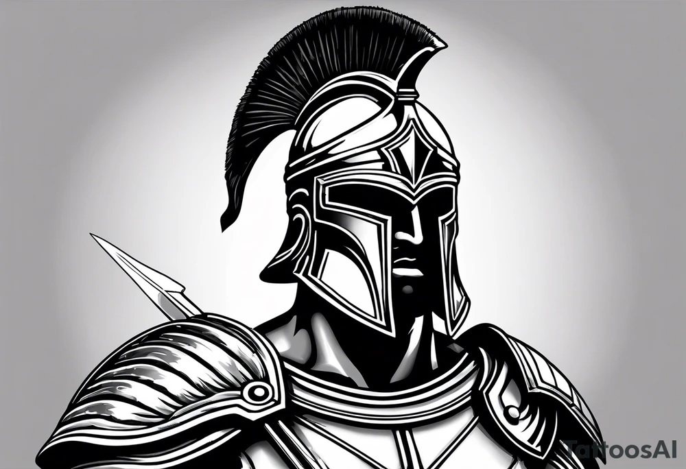 greek spartan warriors black face under the helmet, holding a spear tattoo idea