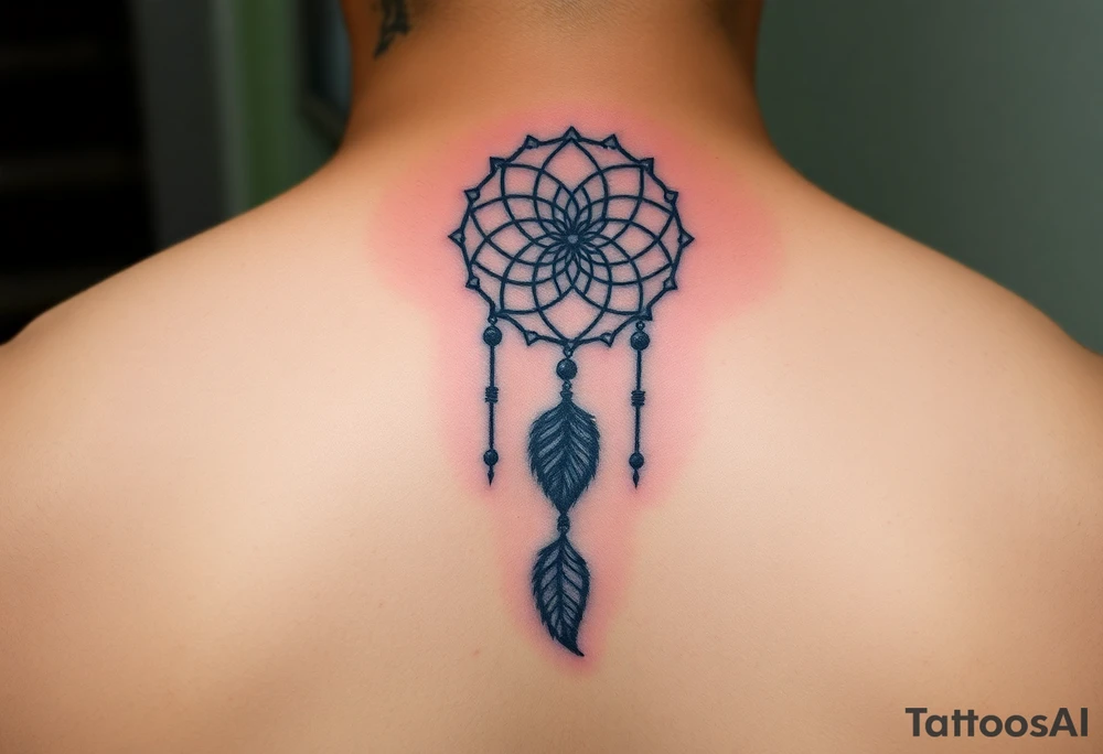 Neck piece with a beautiful dream catcher with 3 names attached to the leaves tattoo idea