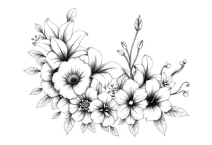 Calia Lily, rose, gadiolus, carnation,Narcissus,poppy, aster, violet ,chrysanthemum, lily of the valley and water lily sleeve on upper arm and shoulder tattoo idea