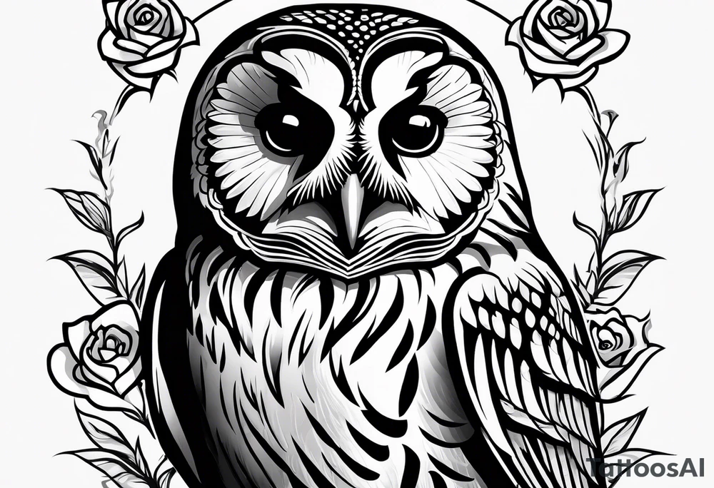 Barred owl with a single rose tattoo idea