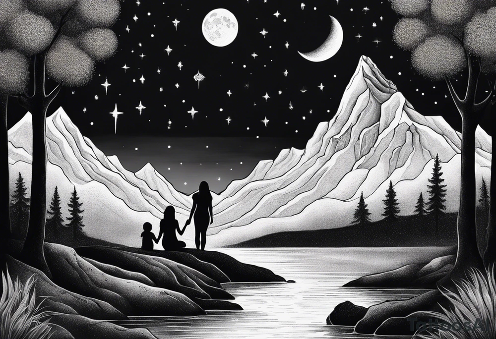 a family of three sitting in a nature with mountains, waterfall, water, and a cross in the background and and moon in the sky with stars tattoo idea