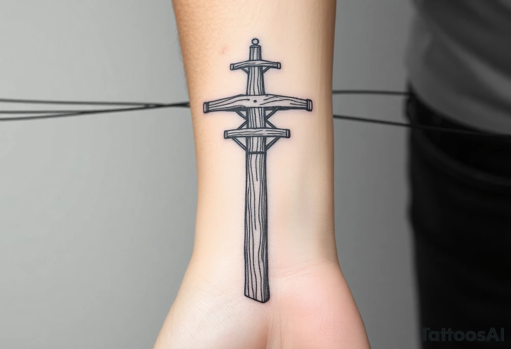 a wooden 12kv distribution pole with electrical lines. Make the pole a cross that has a hidden resemblance to god. tattoo idea