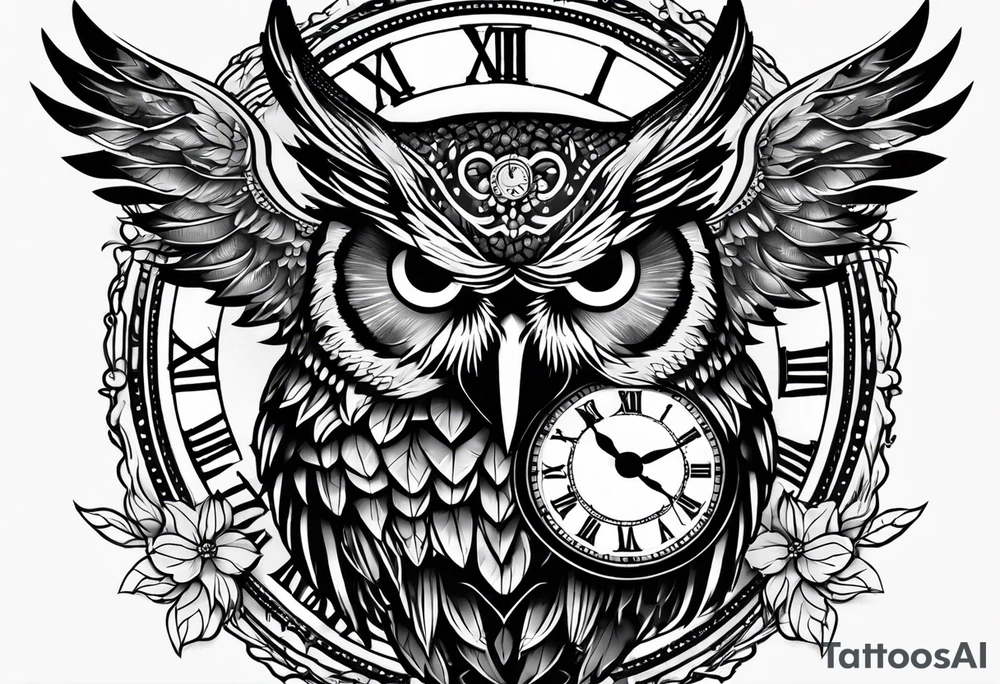 owl with a clock and skull tattoo idea