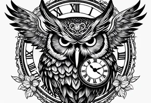 owl with a clock and skull tattoo idea