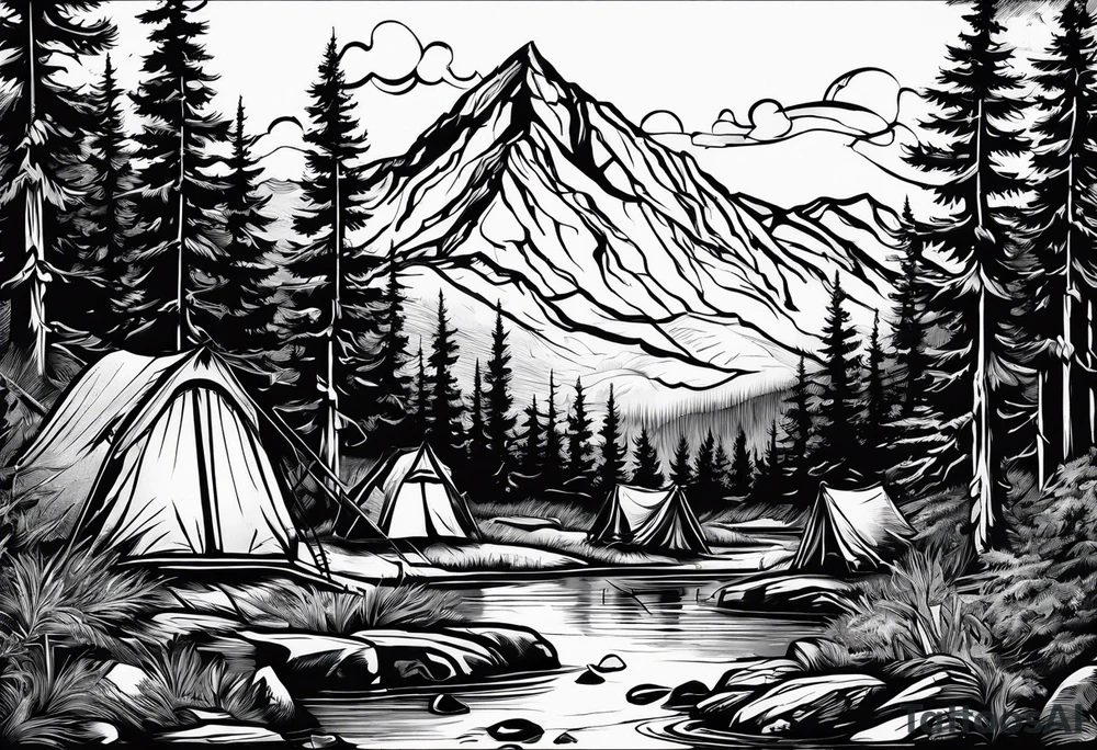 small camp fire at the base of a mountain tattoo idea
