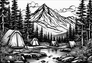 small camp fire at the base of a mountain tattoo idea