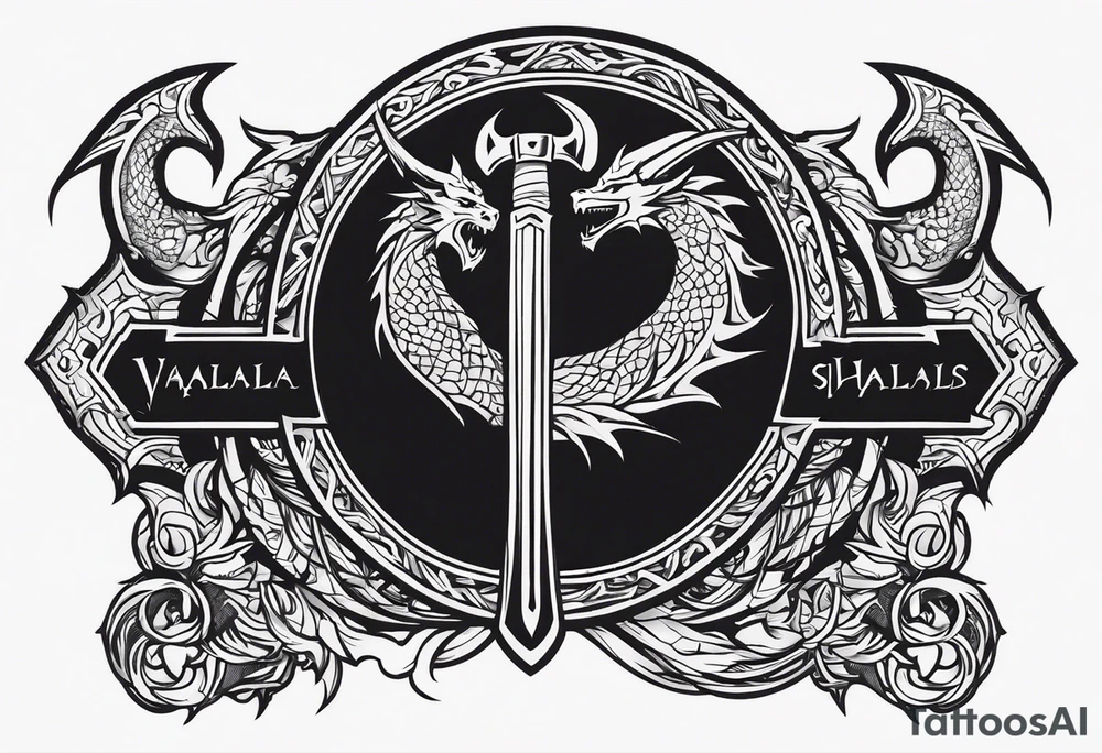 Valhalla sword shield dragon axe tattoo idea