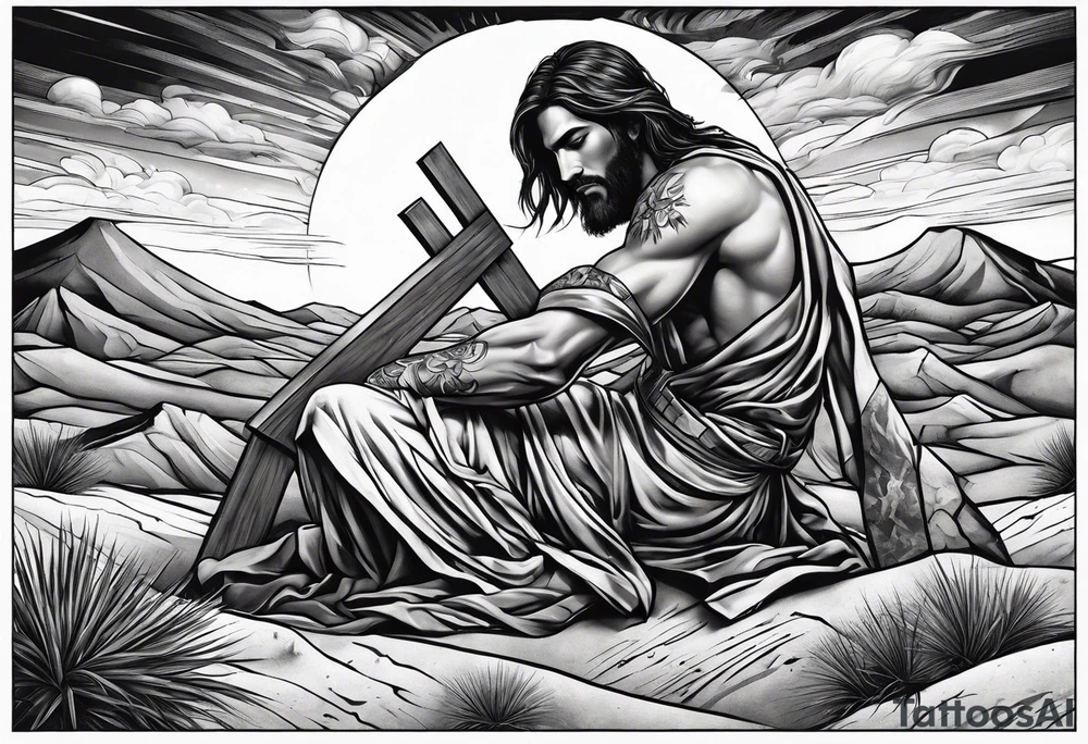 man crawling in a desert reaching to the cross of Christ tattoo idea