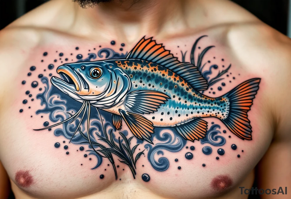 Traditional Southern Catfish – A thick-bodied catfish with blue-gray skin, long flowing whiskers, and dark spots along its back. Surrounded by murky water swirls and reeds, in a classic Americana style. tattoo idea