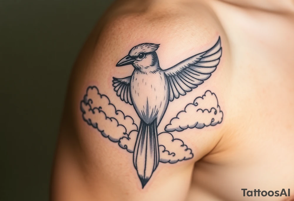 Bluejay, clouds, shining light to or from heaven tattoo idea