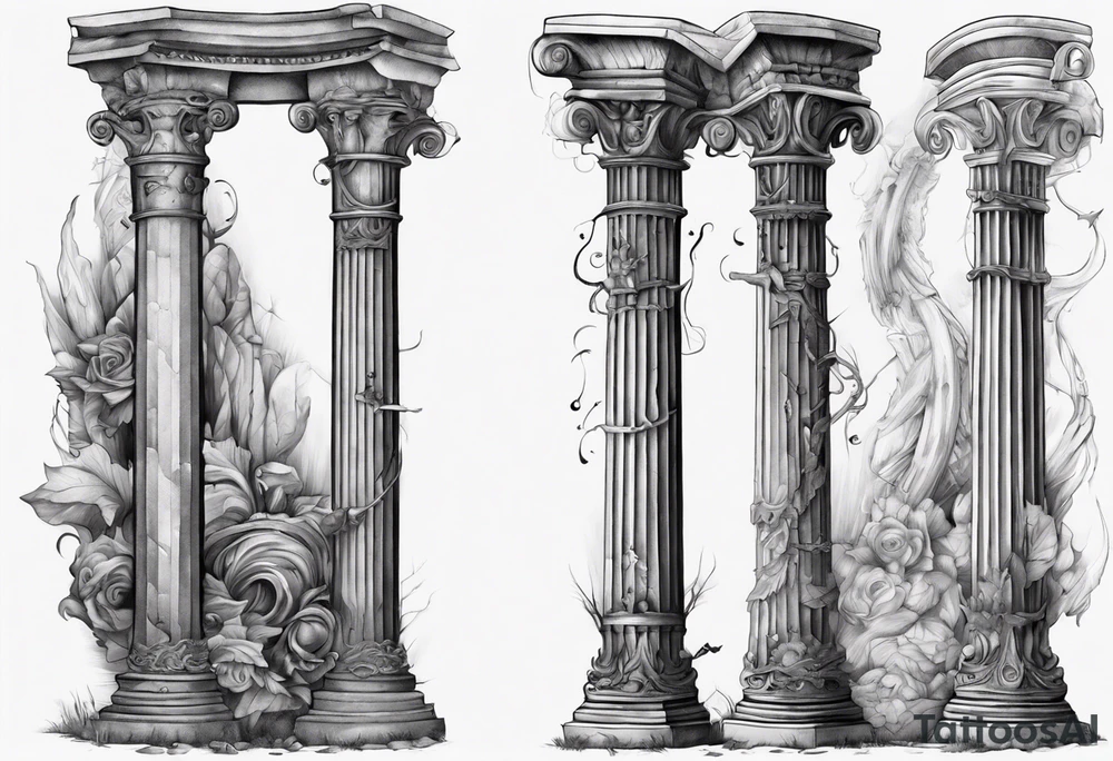 A roman pillar split into two parts, lying on the ground. tattoo idea