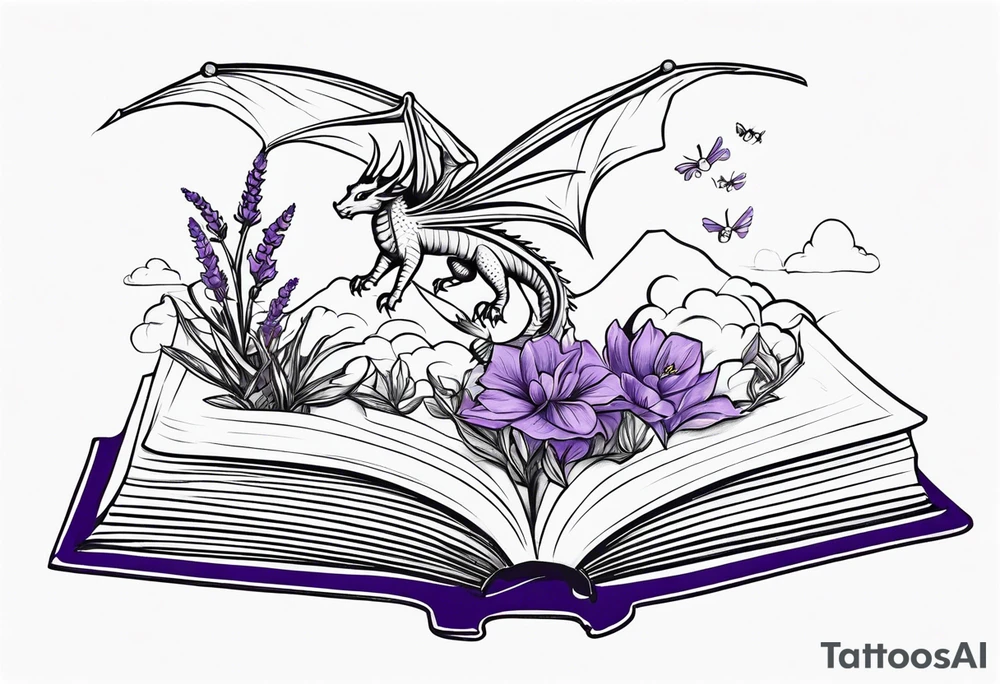 an open fantasy book. a flying dragon. One pawn piece. a cluster of lavender with a bee under book tattoo idea