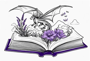 an open fantasy book. a flying dragon. One pawn piece. a cluster of lavender with a bee under book tattoo idea