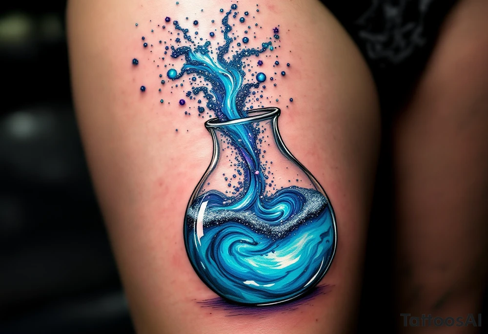 A glass jug filled with a swirling water, with vibrant blues, purples, and silver stardust pouring out like cosmic energy. tattoo idea