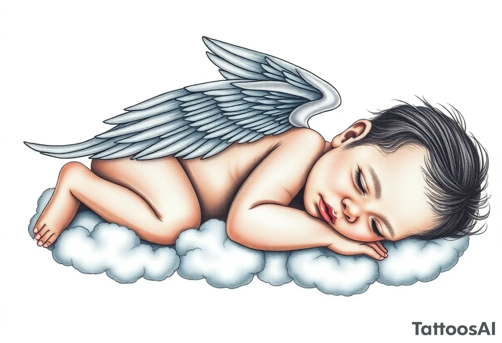 Sleeping Winged baby, laying on the clouds tattoo idea