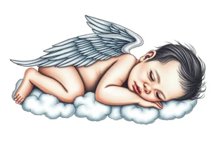 Sleeping Winged baby, laying on the clouds tattoo idea