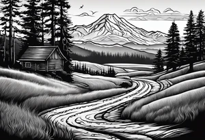 A shadow of a family of four walking through the Pacific northwest landscape. Faith centered and add Mexican culture tattoo idea