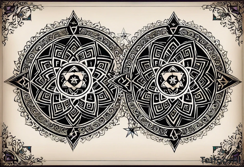 I would like two symmetrical tattoos on each side of my chest (left and right). The primary design element should be a six-pointed star, with the Armenian Wheel of Eternity placed in the center of each star.

	•	The six-pointed stars should be geometric, bold, and well-defined. They should have a clean and sharp look.
	•	The Wheel of Eternity should be intricate and detailed, representing the traditional Armenian symbolism of eternal cycles and continuity. It should blend harmoniously within the center of the star.
	•	The overall design should convey balance, spirituality, and strength.
	•	The size should be proportional to the chest area, not too large but prominent enough to be noticeable on both sides.
	•	I’d prefer a minimalist approach, but the design should still be detailed enough to reflect the cultural and spiritual significance. tattoo idea